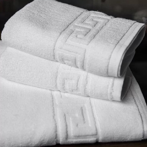 Set 12 prosoape de baie hoteliere, densitate 500gr/mp, bumbac 100%, 50x90 cm, model Greek border, alb
