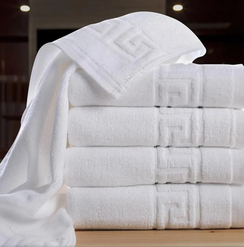 Set 12 prosoape de baie hoteliere, densitate 500gr/mp, bumbac 100%, 50x90 cm, model Greek border, alb