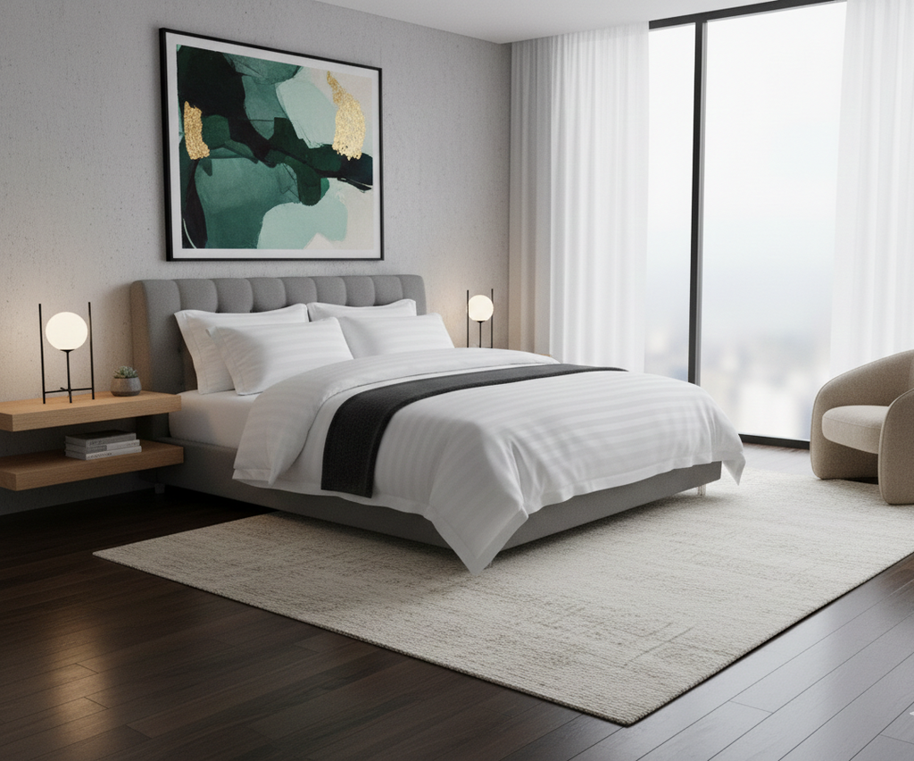 Lenjerie hotelieră din bumbac Damasc satinat, dungă 1 cm, King Size