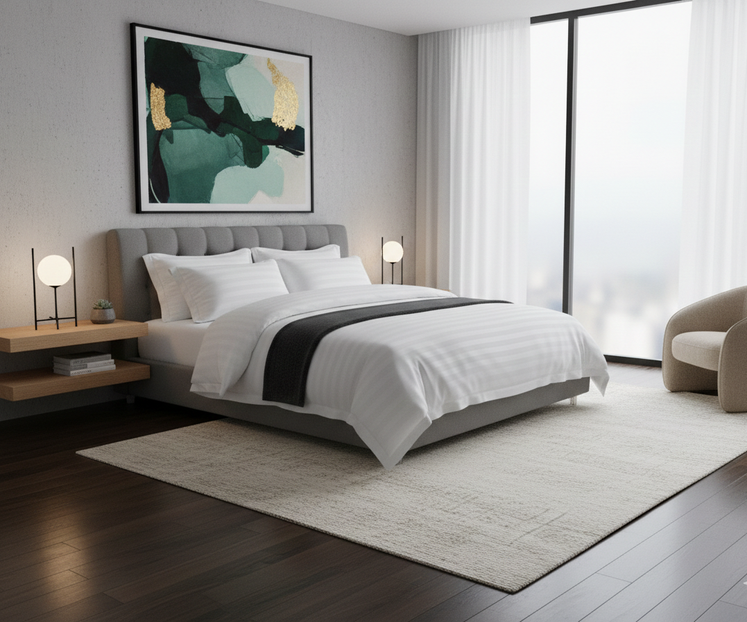 Lenjerie hotelieră din bumbac Damasc satinat, dungă 1 cm, King Size