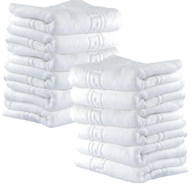 Set 12 prosoape de baie hoteliere premium, densitate 650gr/mp, bumbac 100%, 50x90 cm, model Greek border, alb