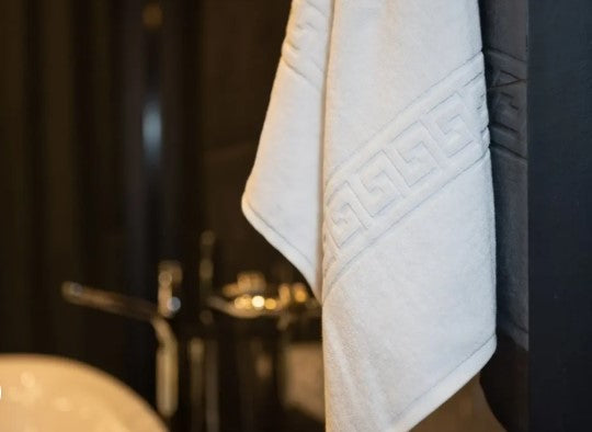 Set 24 Prosoape de baie hoteliere premium, bumbac 100%, densitate 650gr/mp,  50×90 cm, model greek border, alb