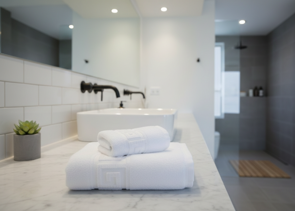 Set 20 prosoape de baie hoteliere, bumbac 100%, densitate 500gr/mp,  30x50 cm, model Greek Border, alb