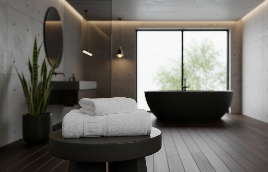 Set 20 prosoape de baie hoteliere, bumbac 100%, densitate 500gr/mp,  30x50 cm, model Greek Border, alb