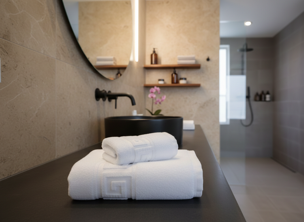 Set 24 Prosoape de baie hoteliere premium, bumbac 100%, densitate 500gr/mp,  50×90 cm, model greek border, alb