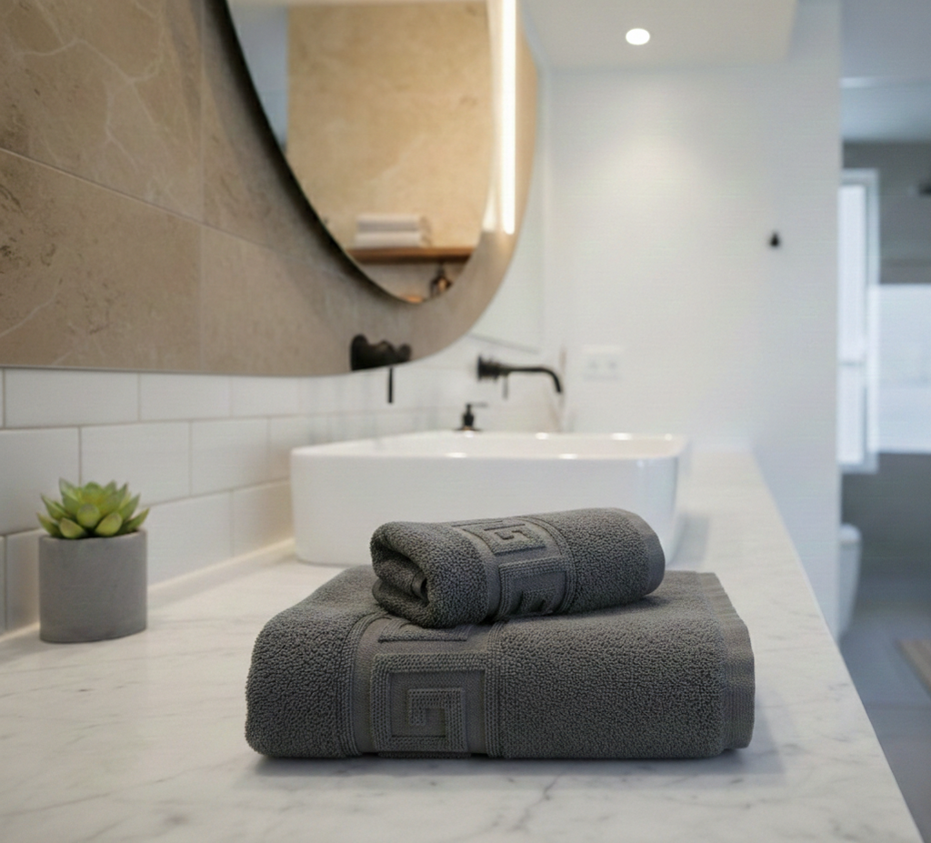 Set Family premium 4 Prosoape de baie si Covoraș de baie, densitate 650gr/mp si 850gr/mp , bumbac 100%, model Greek border