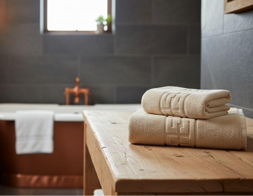 Set Family Plus 6 Prosoape de baie si Covoraș de baie, densitate 500gr/mp si 750gr/mp, bumbac 100%, model Greek border