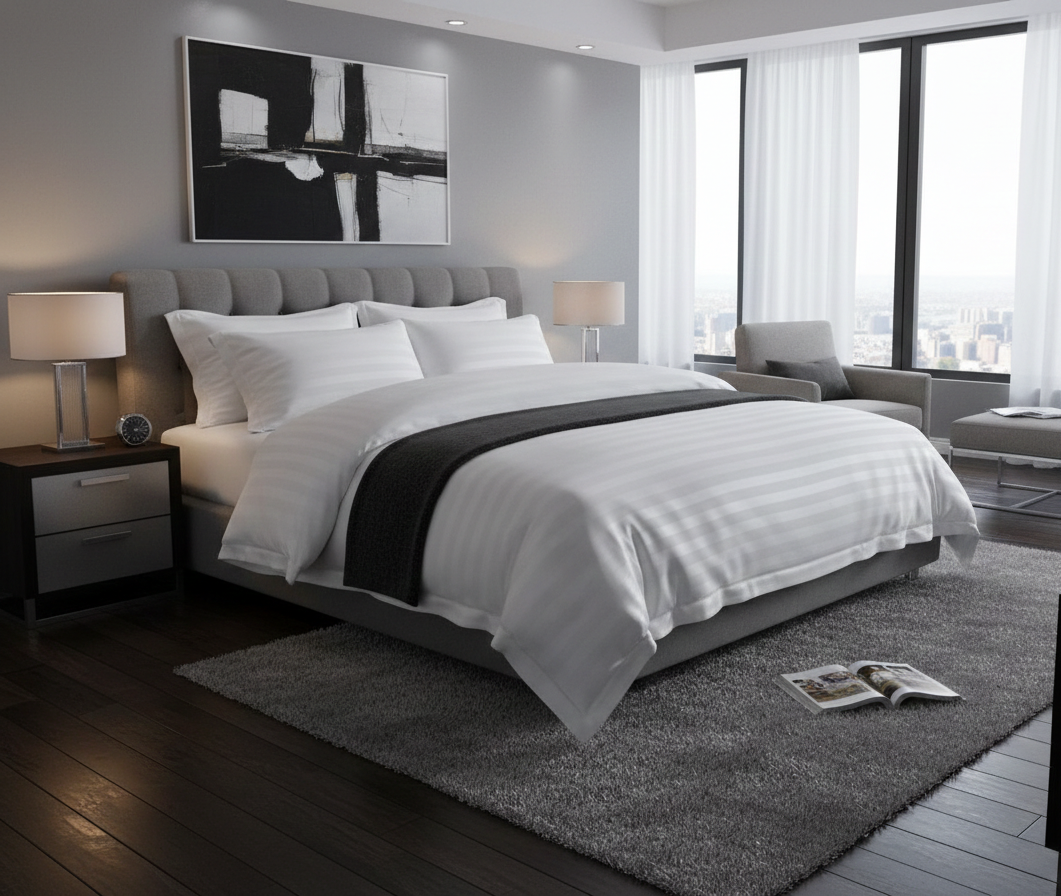 Lenjerie hotelieră din bumbac Damasc satinat, dungă 2 cm, King Size